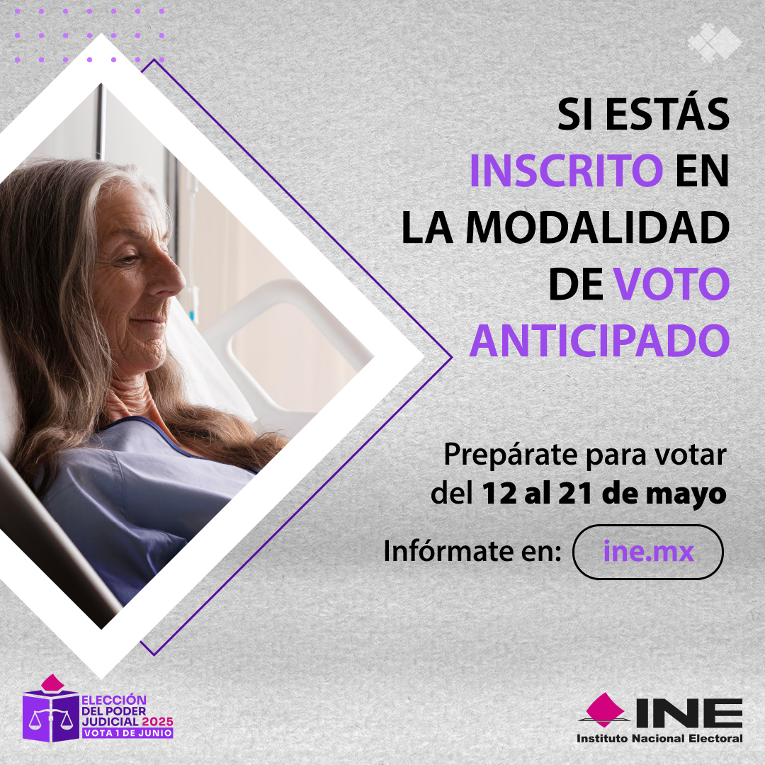 Si tú, un familiar o un conocido se inscribieron en la ​modalidad de #VotoAnticipado, ​¡ya es hora!​

​Personal del INE te visitará para que puedas votar en tu domicilio del 12 al 21 de mayo, porque tu participación fortalece la democracia en las elecciones del #PoderJudicial.