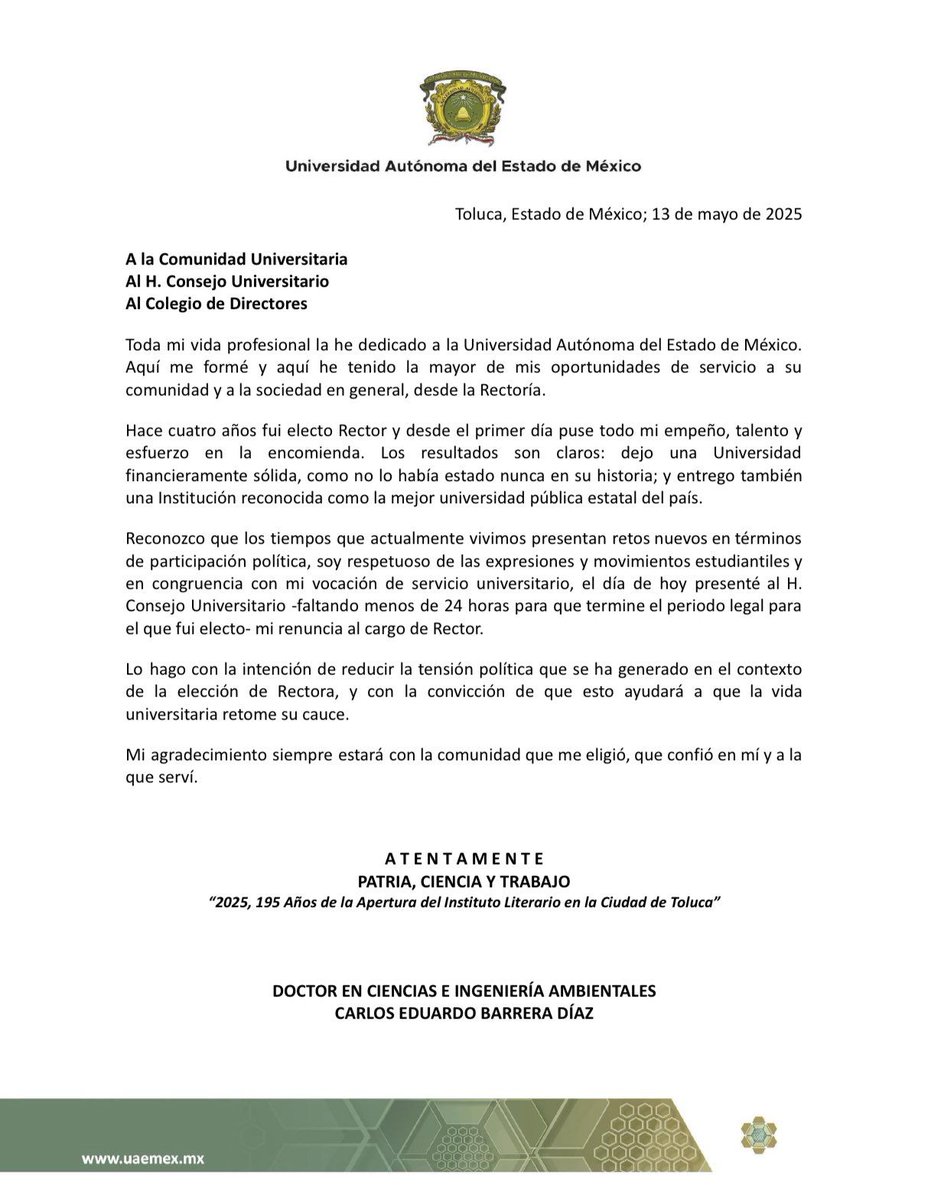 ultranoticiasfm's tweet image. #ULTIMAHORA |📄 Carlos Eduardo Barrera Díaz renuncia como rector de la @UAEM_MX  

A 24 horas de finalizar su gestión, el doctor @CarlosE_BDiaz presentó su renuncia como rector de la Universidad Autónoma del Estado de México.  

#UAEMéx #Rector #Educación @sintesisuaemex