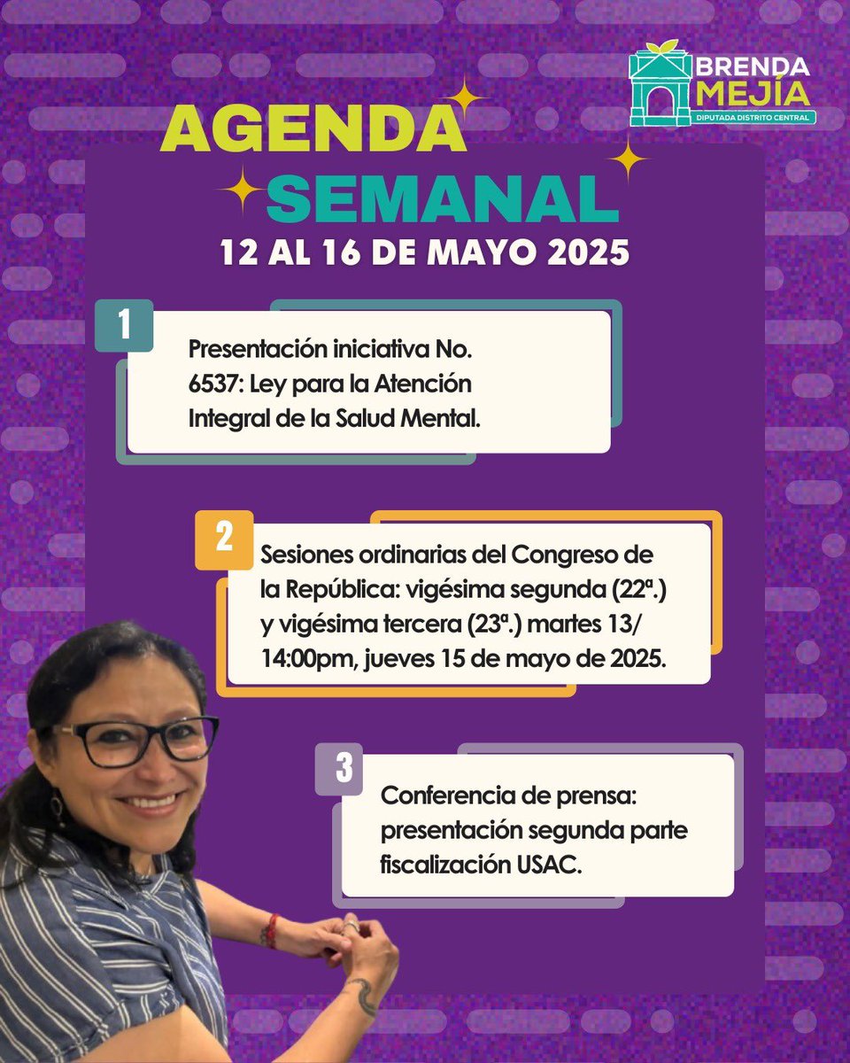brendamejialo's tweet photo. 🖌️Mi agenda 📜para esta semana,😉 ¡aquí la pueden consultar!⤵️
🌱🌱💪🥰👊🌱🌱
#Agenda #Guatemala #Semilla #CongresodelaRepública #Discapacidad #Intermediación #DiputadasGT #DerechosHumanos #AgendaSemanal #Transparencia #DiputadaDistroCentral #Comisión #SesionesOrdinarias #Plenos https://t.co/3JFcjJ2eU6