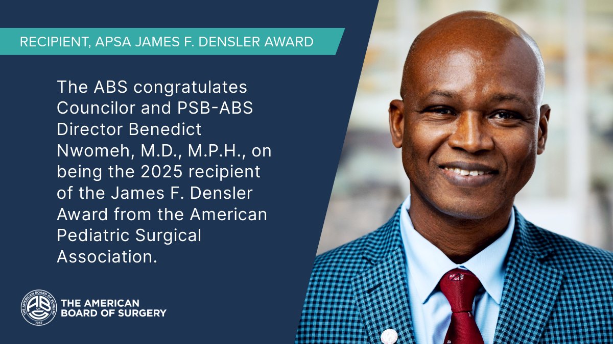 American Board of Surgery (@ambdsurg) on Twitter photo Congratulations to ABS Councilor & #PSBABS Director Dr. Benedict Nwomeh on receiving the 2025 James F. Densler Award from the American Pediatric Surgical Association! <a href="/DrNwomeh/">Ben Nwomeh</a> <a href="/APSASurgeons/">APSA Surgeons</a> Congratulations to ABS Councilor & #PSBABS Director Dr. Benedict Nwomeh on receiving the 2025 James F. Densler Award from the American Pediatric Surgical Association! <a href="/DrNwomeh/">Ben Nwomeh</a> <a href="/APSASurgeons/">APSA Surgeons</a>