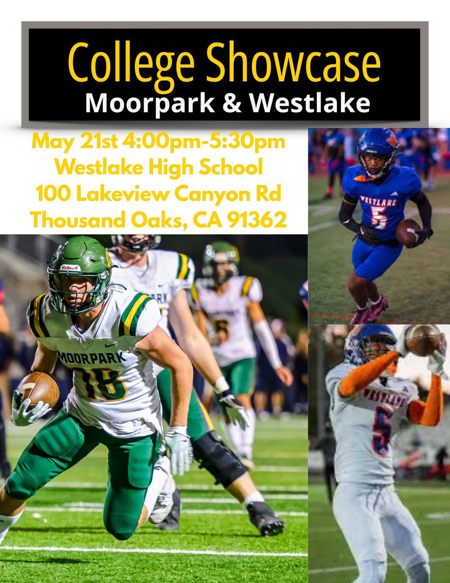 WHS Football (@_whsfootball_) on Twitter photo College Showcase May 21st with Moorpark HS. <a href="/vcspreps/">VCS Preps</a> <a href="/vcsjoecurley/">Joe Curley</a> <a href="/latsondheimer/">eric sondheimer</a> <a href="/EliavAppelbaum/">Eliav Appelbaum</a> <a href="/GregBiggins/">Greg Biggins</a> <a href="/adamgorney/">Adam Gorney</a> <a href="/Tarek_Fattal/">Tarek Fattal</a> <a href="/MoorparkFB/">Moorpark High Football</a> <a href="/_WHSAthletics_/">Westlake Athletics</a> College Showcase May 21st with Moorpark HS. <a href="/vcspreps/">VCS Preps</a> <a href="/vcsjoecurley/">Joe Curley</a> <a href="/latsondheimer/">eric sondheimer</a> <a href="/EliavAppelbaum/">Eliav Appelbaum</a> <a href="/GregBiggins/">Greg Biggins</a> <a href="/adamgorney/">Adam Gorney</a> <a href="/Tarek_Fattal/">Tarek Fattal</a> <a href="/MoorparkFB/">Moorpark High Football</a> <a href="/_WHSAthletics_/">Westlake Athletics</a>