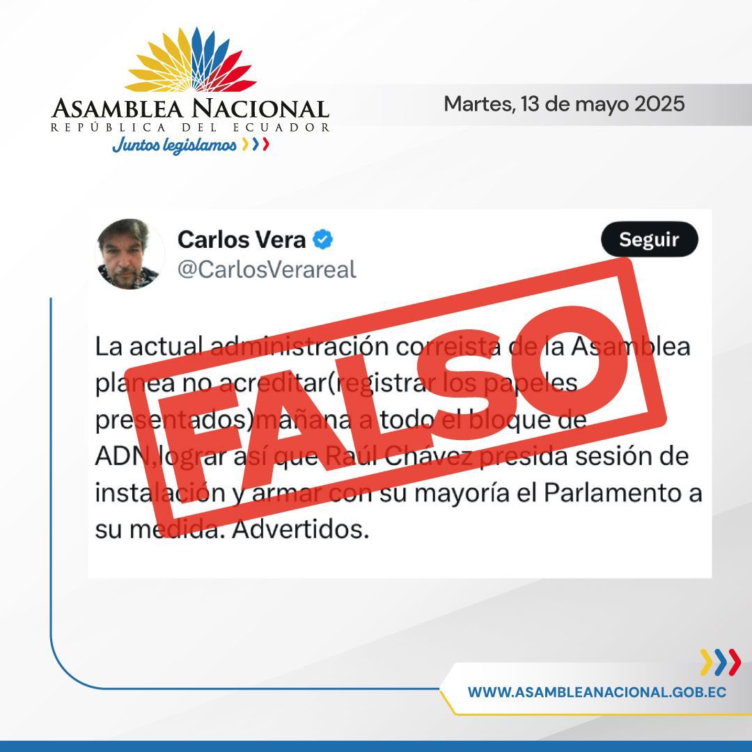 #URGENTE 🚨 | La Asamblea Nacional ha brindado todas las garantías para que se realice la posesión de los asambleístas electos, para el periodo 2025-2029, con total normalidad. 

Invitamos a la ciudadanía a informarse por fuentes oficiales: x.com/asambleaecuado…