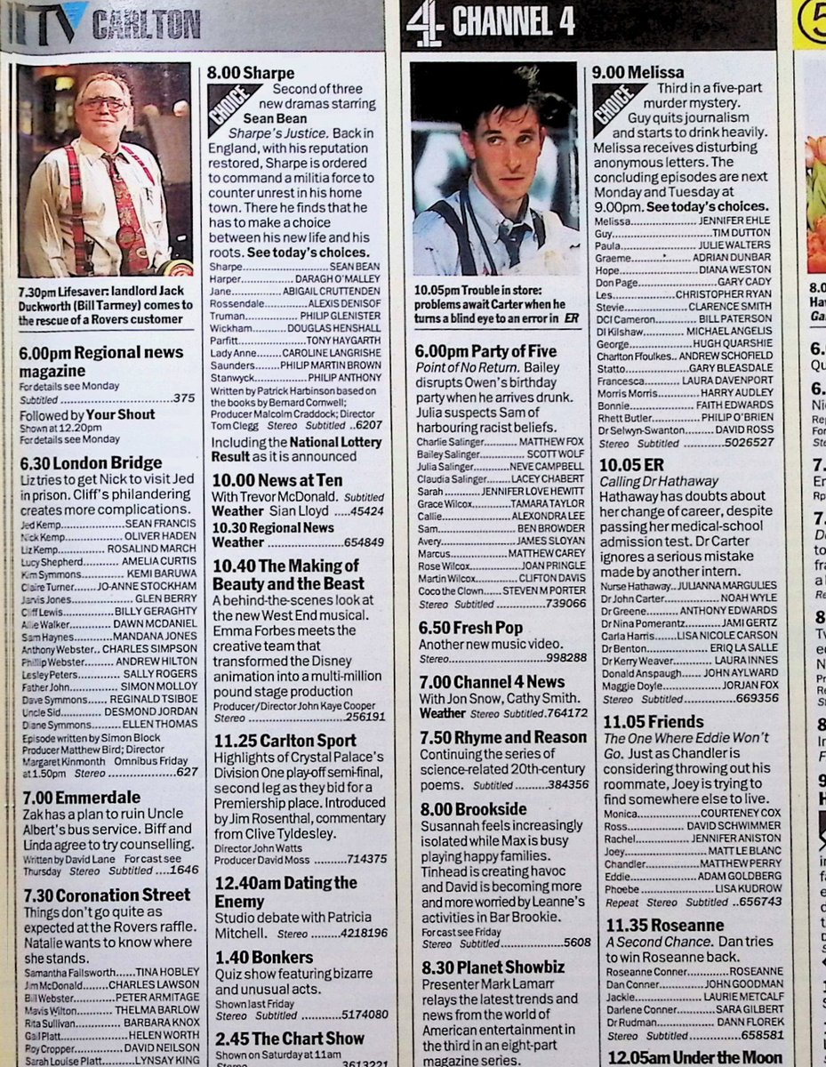 TvDidYouSee's tweet image. #OnThisDay 14 May 1997 📺TV Listings
RUBY is a new thrice weekly chat show from #RubyWax.
#JulianClary guests on THEY THINK IT&apos;S ALL OVER.
#TonySlattery with TIBS AND FIBS.
#SeanBean in a new episode of SHARPE.
Jack is the lifesaver landlord in #CoronationStreet.