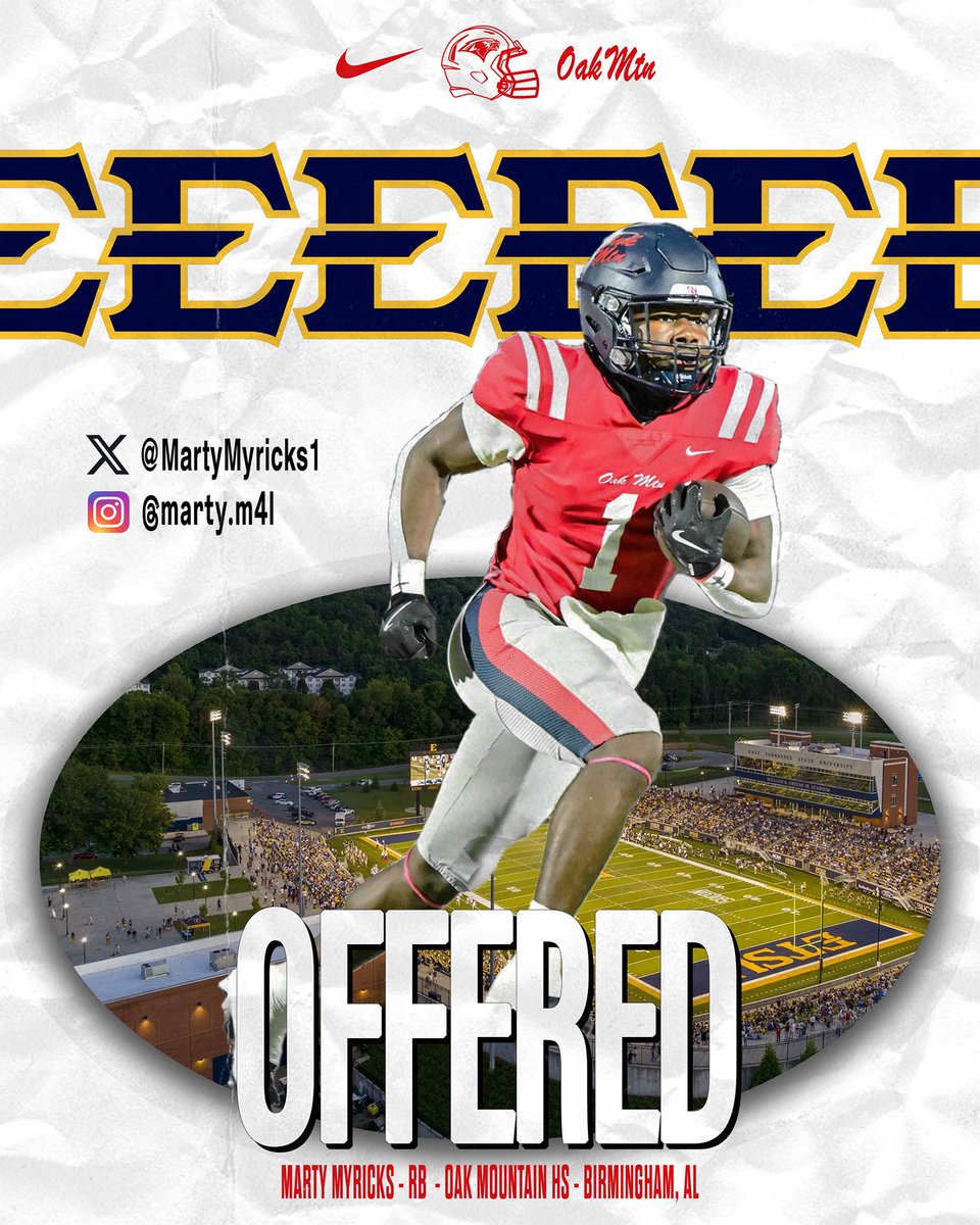 Oak Mountain Football (@footballomhs) on Twitter photo π¨D1 OFFER ALERTπ¨
2026 RB <a href="/MartyMyricks1/">Marty Myricks</a> β‘οΈ <a href="/ETSUFootball/">ETSU Football</a>
<a href="/BamaHSNews/">Around The State Sports</a> <a href="/AL7AFootball/">Alabama7AFootball</a> <a href="/AL1HighSchoolFB/">Alabama High School Football Sports Fans Page</a> <a href="/DexPreps/">DexPreps</a> <a href="/YellowhammerFB/">Yellowhammer Football</a> <a href="/280Living/">280living</a> <a href="/BirminghamSport/">BirminghamSports</a> <a href="/UnderLights365/">Under the Lights</a> <a href="/HallTechSports1/">Hall-Tech Sports</a> <a href="/RivalsFriedman/">Adam Friedman</a> @RivalsWoody <a href="/RustyMansell_/">Rusty Mansell</a> <a href="/ALcomBirmingham/">AL.com Birmingham</a> <a href="/PrepRedzoneAL/">Prep Redzone Alabama</a> π¨D1 OFFER ALERTπ¨
2026 RB <a href="/MartyMyricks1/">Marty Myricks</a> β‘οΈ <a href="/ETSUFootball/">ETSU Football</a>
<a href="/BamaHSNews/">Around The State Sports</a> <a href="/AL7AFootball/">Alabama7AFootball</a> <a href="/AL1HighSchoolFB/">Alabama High School Football Sports Fans Page</a> <a href="/DexPreps/">DexPreps</a> <a href="/YellowhammerFB/">Yellowhammer Football</a> <a href="/280Living/">280living</a> <a href="/BirminghamSport/">BirminghamSports</a> <a href="/UnderLights365/">Under the Lights</a> <a href="/HallTechSports1/">Hall-Tech Sports</a> <a href="/RivalsFriedman/">Adam Friedman</a> @RivalsWoody <a href="/RustyMansell_/">Rusty Mansell</a> <a href="/ALcomBirmingham/">AL.com Birmingham</a> <a href="/PrepRedzoneAL/">Prep Redzone Alabama</a>