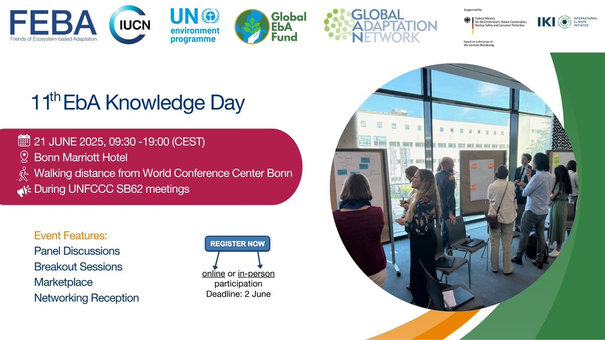 🌿 Don’t forget to register for FEBA’s 11th EbA Knowledge Day!

Online registration: shorturl.at/aKO8J
In-person registration: shorturl.at/VR7ua

📅 21 June

🕒 Registration closes 2 June

More info here: shorturl.at/dWRyz

#EbAKnowledgeDay #COP30 #EbA