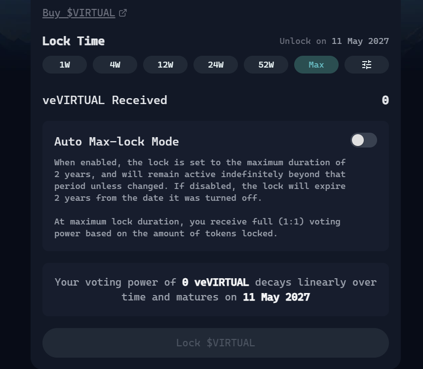 What is veVIRTUAL?
veVIRTUAL stands for vote-escrowed VIRTUAL: a locked version of the $VIRTUAL token used within the Virtuals Protocol.

By staking $VIRTUAL , you receive veVIRTUAL, unlocking the following utilities:

Virgen Points emissions

Receive daily Virgen Points based on