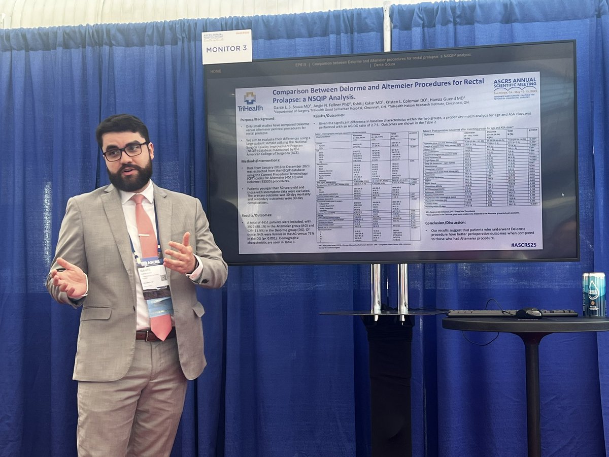 Poster 3/3: Delorme versus Altemeier perineal procedures for rectal prolap: a NSQIP analysis. Our results shows fewer 30-day complications in the Delorme group, but both procedures had minimal mortality. <a href="/ASCRS_1/">ASCRS_1</a> #ASCRS25 #ascrs2025