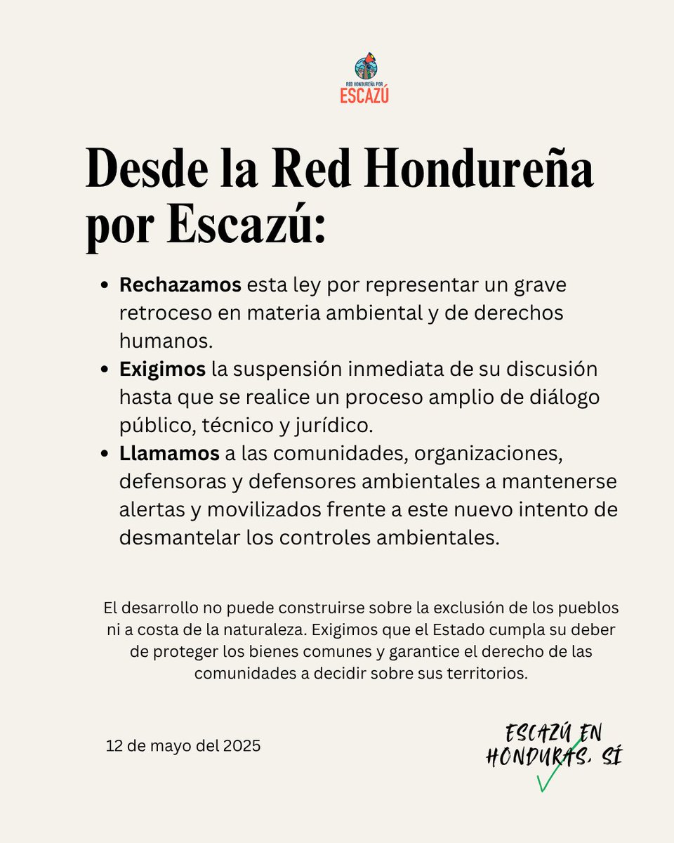 <a href="/Lredondo/">LUIS REDONDO 🇭🇳</a> <a href="/Congreso_HND/">Congreso Nacional de Honduras</a> <a href="/dermaligia/">Ligia Ramos</a> ⚠️ Esta ley:
Viola acuerdos internacionales como el Convenio 169 de la OIT y el Acuerdo de Escazú
Debilita la institucionalidad ambiental
Facilita la criminalización de quienes defienden los territorios
Consolida un modelo excluyente y tecnocrático