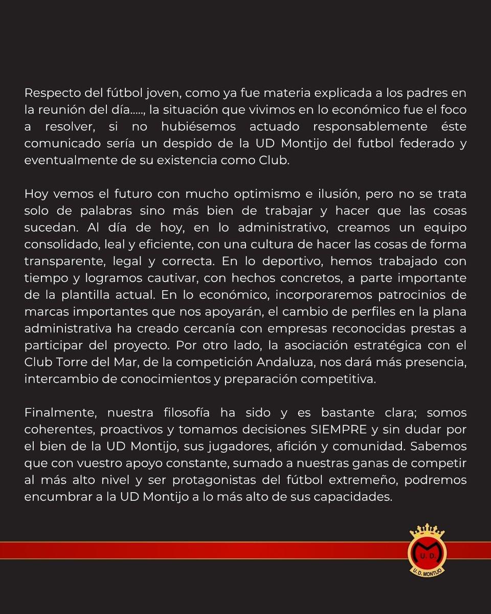 📢 Comunicado Oficial
La Unión Deportiva Montijo S.A.D. 
 
🔗 Desliza para leer el comunicado completo.

#UDM Más allá de un equipo de fútbol