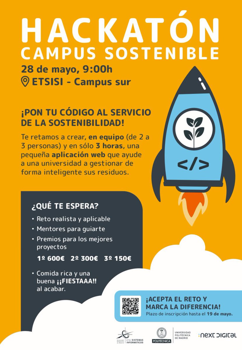 🎯  HACKATÓN – CAMPUS SOSTENIBLE
📅  28 de mayo – 9:00h
📍ETSISI, Campus sur 
🏆 Premios  + comida 🥪 + fiesta 🎉

🔴 HASTA EL 19 DE MAYO PARA INSCRIBIRSE 🔴

Consulta los detalles y cómo apuntarte en drive.google.com/file/d/1LY_FCH…