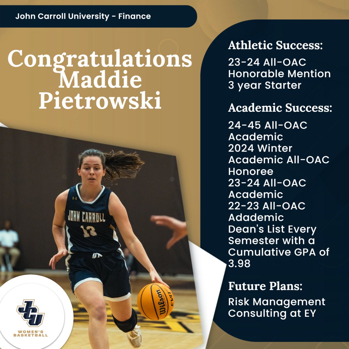 JCU_WBB's tweet image. Congratulations to our newest Blue⚡Alumni on graduation and having an exceptional four years at John Carroll. We are so proud of you, Maddie! ❤️ @jcusports @maddiepietrow