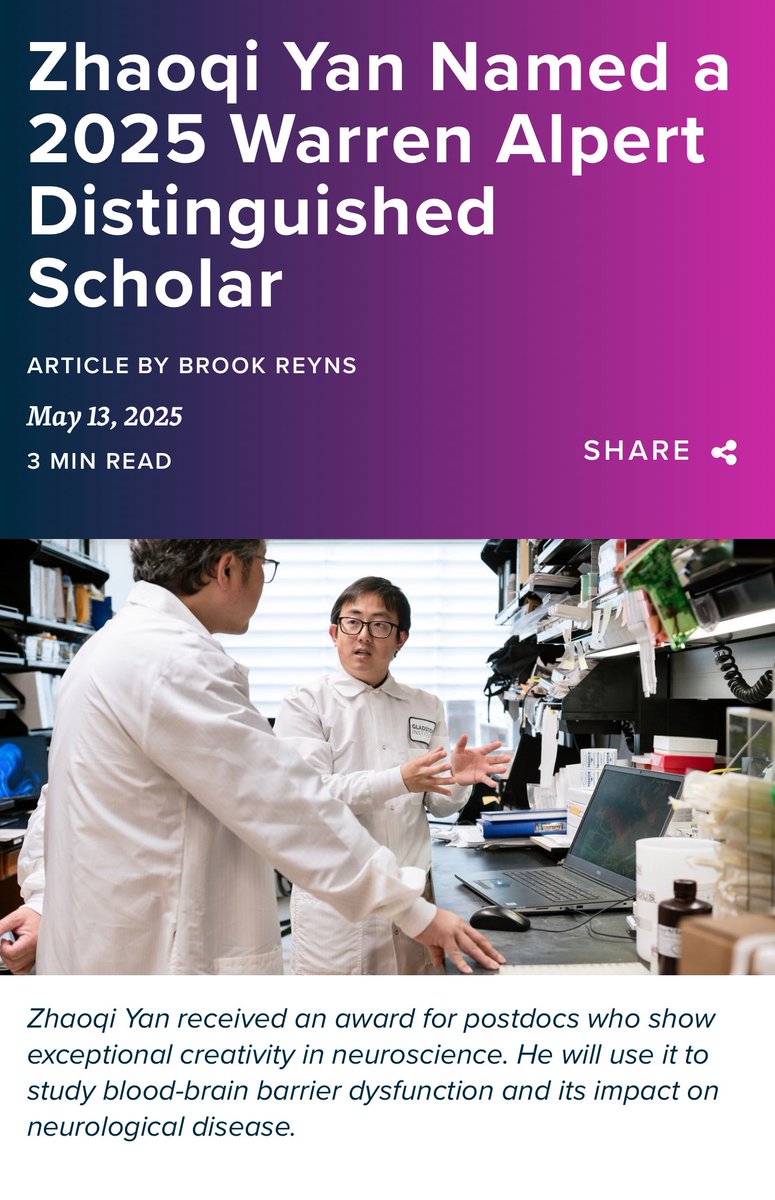 Katerina Akassoglou (@akassogloulab) on Twitter photo Congrats to Zhaoqi Yan <a href="/yan_zhaoqi/">Zhaoqi Yan</a> postdoc fellow <a href="/AkassoglouLab/">Katerina Akassoglou</a> named 2025 Warren Alpert Distinguished Scholar for outstanding creativity in neuroscience. This $400K award will support Zhaoqi’s research on the BBB & blood proteins in neurological diseases gladstone.org/news/zhaoqi-ya… Congrats to Zhaoqi Yan <a href="/yan_zhaoqi/">Zhaoqi Yan</a> postdoc fellow <a href="/AkassoglouLab/">Katerina Akassoglou</a> named 2025 Warren Alpert Distinguished Scholar for outstanding creativity in neuroscience. This $400K award will support Zhaoqi’s research on the BBB & blood proteins in neurological diseases gladstone.org/news/zhaoqi-ya…