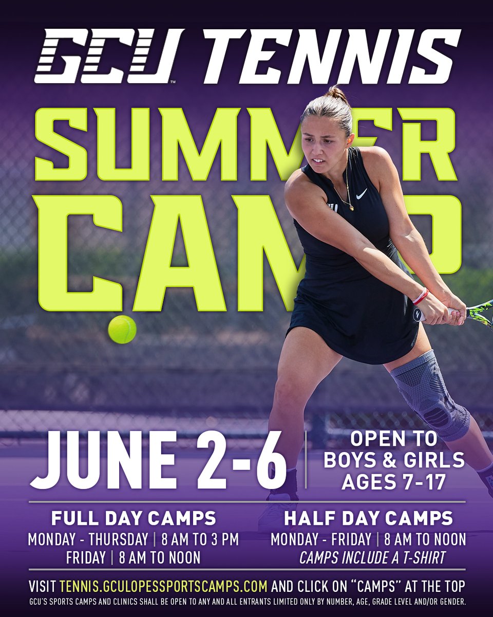 GCU_WTennis's tweet image. 𝐂𝐚𝐥𝐥𝐢𝐧𝐠 𝐚𝐥𝐥 𝐟𝐮𝐭𝐮𝐫𝐞 𝐋𝐨𝐩𝐞𝐬 🗣️
Join GCU Men’s and Women’s tennis for our upcoming summer camp. Learn from Division 1 coaches, win prizes, and have some fun on the court! 🤘🎾
Sign up here: register.ryzer.com/camp.cfm?ID=30…