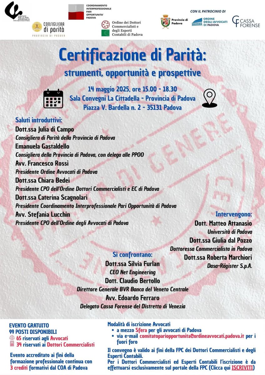 🔜 #nextjob
📅 #domani

‼️ Ci vediamo a #Padova per parlare di #certificazione di #parità.

🎓 #formazioneforense
🏃🏻 #fermarsimai