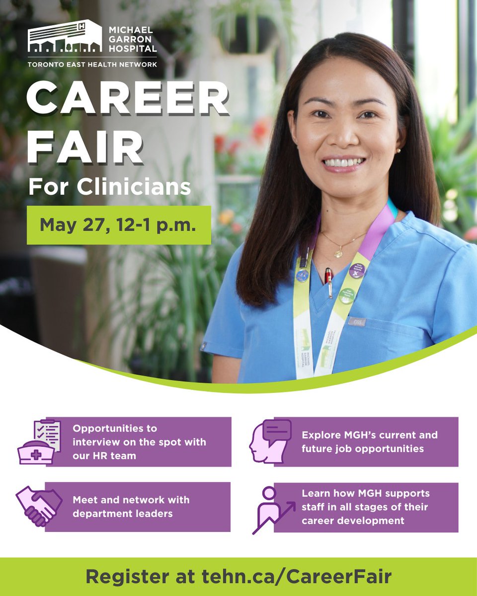 You’re invited to the MGH Career Fair for clinicians on May 27! Register today: tehn.ca/CareerFair 

🤝 Meet and network with our department leaders and have opportunities to interview on the spot! 

#Nursing #NursingJobs #AlliedHealth #HospitalJobs #WeAreHiring