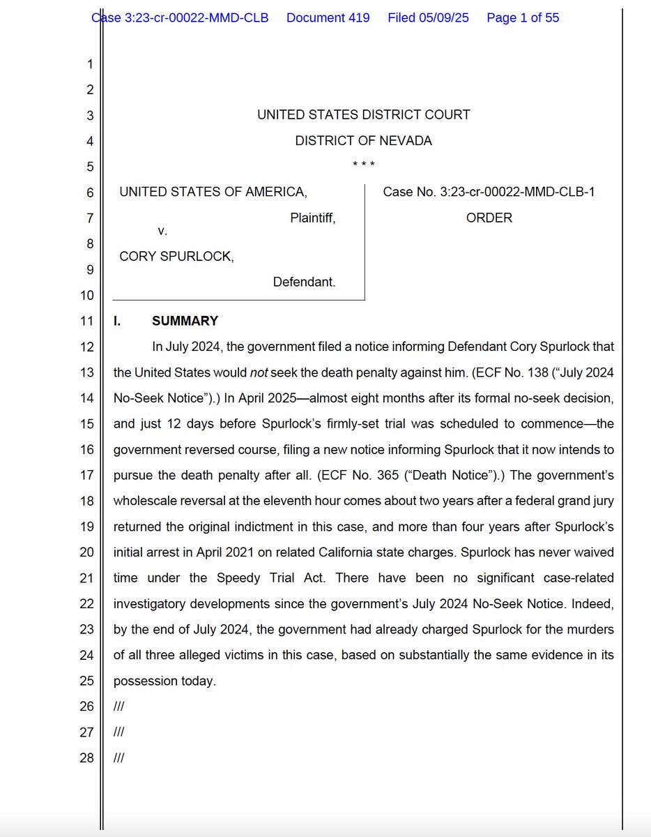 Robert Dunham (@rdunhamdp) on Twitter photo The U.S. District Court for the District of Nevada has issued an order barring federal prosecutors from changing their mind and deciding to seek the death penalty against Cory Spurlock just 12 days before trial. deathpenaltypolicy.org/wp-content/upl… <a href="/nvcadp/">Nevada Coalition Against the Death Penalty</a> <a href="/8thAmendmentPro/">8th Amendment Project</a> The U.S. District Court for the District of Nevada has issued an order barring federal prosecutors from changing their mind and deciding to seek the death penalty against Cory Spurlock just 12 days before trial. deathpenaltypolicy.org/wp-content/upl… <a href="/nvcadp/">Nevada Coalition Against the Death Penalty</a> <a href="/8thAmendmentPro/">8th Amendment Project</a>