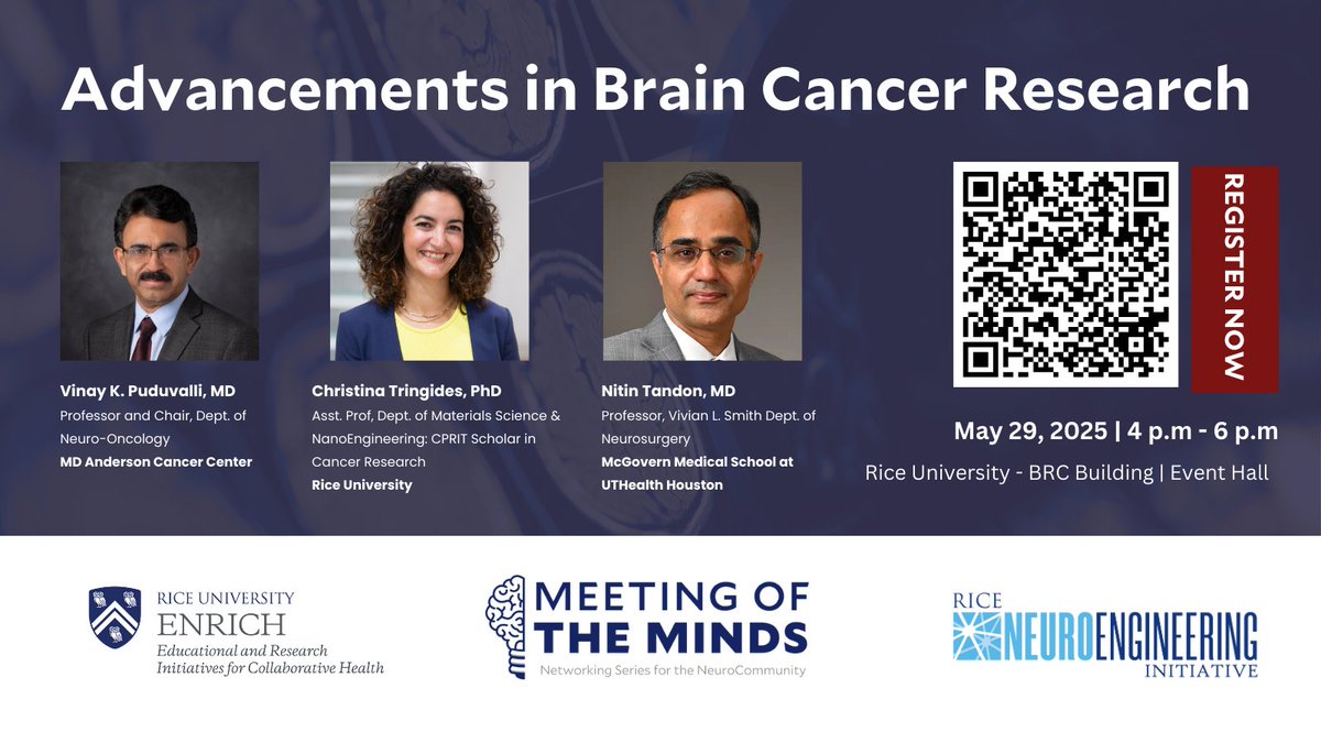 Rice Neuroengineering Initiative (@riceneuro) on Twitter photo As part of Brain Tumor Awareness Month, "Meeting of the Minds" is focusing on advancements in areas of brain cancer research, showcasing the many promises that are on the horizon <a href="/MDAndersonNews/">MD Anderson Cancer Center</a>, <a href="/RiceNeuro/">Rice Neuroengineering Initiative</a>, and <a href="/UTHealthHouston/">UTHealth Houston</a>. Register here: bit.ly/43t5Pgm #GrayMay As part of Brain Tumor Awareness Month, "Meeting of the Minds" is focusing on advancements in areas of brain cancer research, showcasing the many promises that are on the horizon <a href="/MDAndersonNews/">MD Anderson Cancer Center</a>, <a href="/RiceNeuro/">Rice Neuroengineering Initiative</a>, and <a href="/UTHealthHouston/">UTHealth Houston</a>. Register here: bit.ly/43t5Pgm #GrayMay