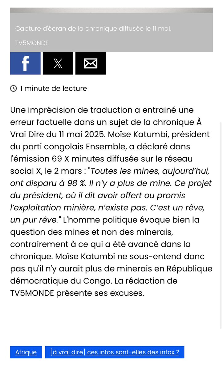 Bonsoir <a href="/JTAtv5monde/">Le journal Afrique TV5MONDE</a> <a href="/TV5MONDE/">TV5MONDE</a>,
Merci d’avoir présenté vos excuses et corrigé vos propos. Cependant, il est important de rappeler qu'on ne joue pas avec la réputation des gens, surtout lorsqu'il s'agit de la crédibilité d'un leader comme le président <a href="/moise_katumbi/">Moise Katumbi</a>. Moïse Katumbi