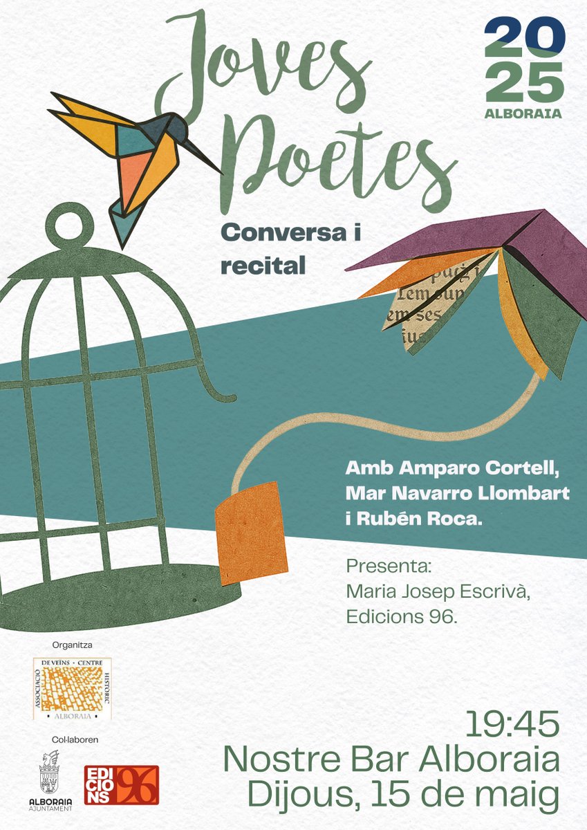 Sembrant Poesia Alboraia (@salboraia) on Twitter photo El dijous 15, a les 19:45, estarem al Nostre Bar Alboraia, xarrarem i escoltarem a les poetes Amparo Cortell, Mar Navarro Llombart i Rubén Roca, de la mà de <a href="/MjEscriva/">Maria Josep Escrivà</a> i <a href="/Edicions96/">Edicions 96</a> .
Us esperem, passarem una estona agradable, segur! El dijous 15, a les 19:45, estarem al Nostre Bar Alboraia, xarrarem i escoltarem a les poetes Amparo Cortell, Mar Navarro Llombart i Rubén Roca, de la mà de <a href="/MjEscriva/">Maria Josep Escrivà</a> i <a href="/Edicions96/">Edicions 96</a> .
Us esperem, passarem una estona agradable, segur!
