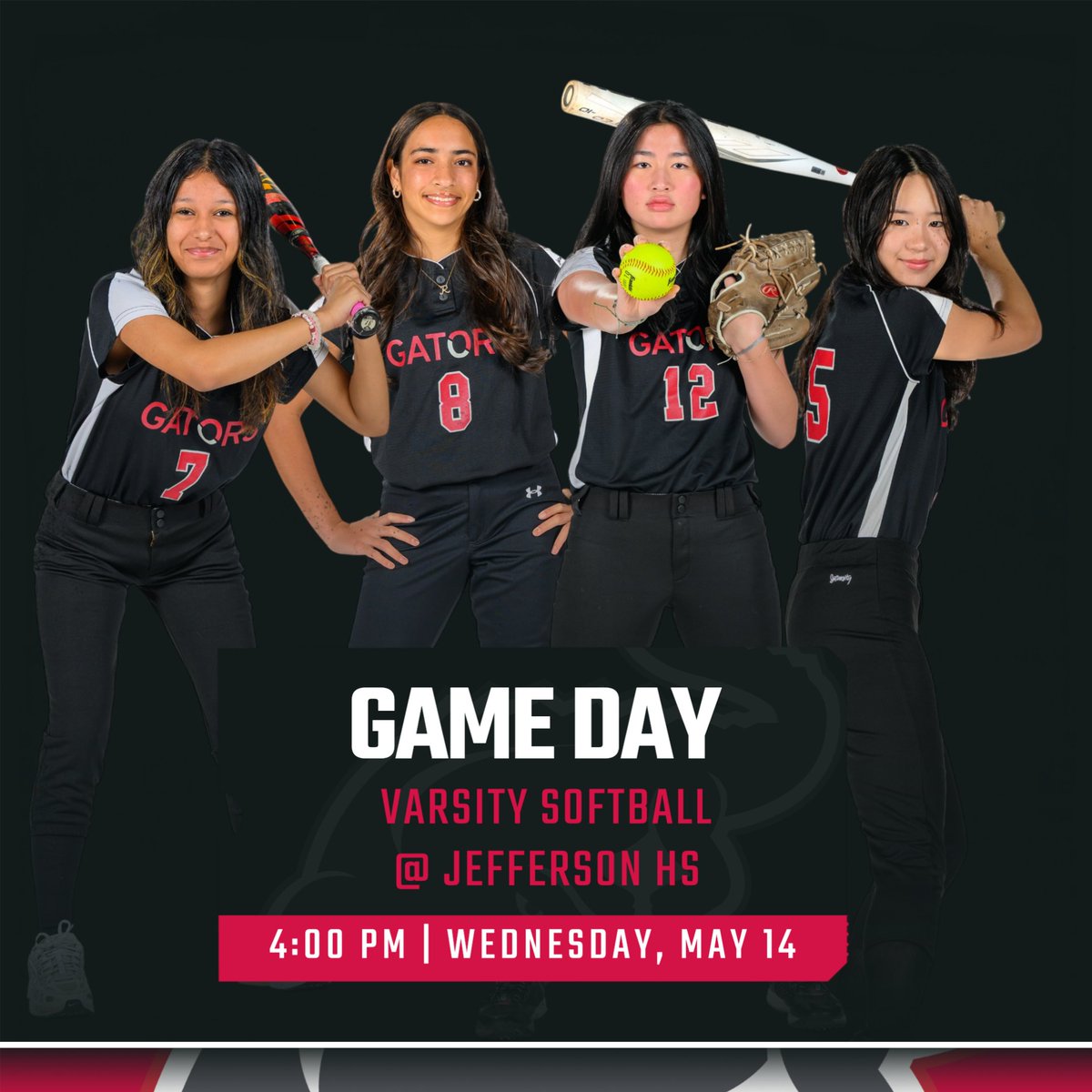 🥎 Game Day 🥎
 
📅 Wednesday, 5/14
🥎 Softball vs Jefferson
🕓 4:00 PM
📍 Jefferson High School

#GoGators 🐊