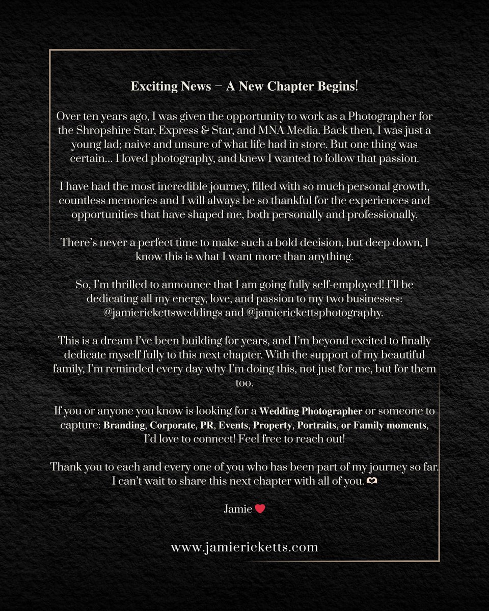 𝐄𝐱𝐜𝐢𝐭𝐢𝐧𝐠 𝐍𝐞𝐰𝐬 – 𝐀 𝐍𝐞𝐰 𝐂𝐡𝐚𝐩𝐭𝐞𝐫 𝐁𝐞𝐠𝐢𝐧𝐬!

I’ve had an amazing ten years working for MNA Media. Had a some incredible experiences and opportunities that I’ll always be thankful for but it’s now time for A New Chapter! <a href="/JRickettsPhoto/">Jamie Ricketts Photography</a> <a href="/JRickettsWed/">Jamie Ricketts Weddings</a> ❤️📸