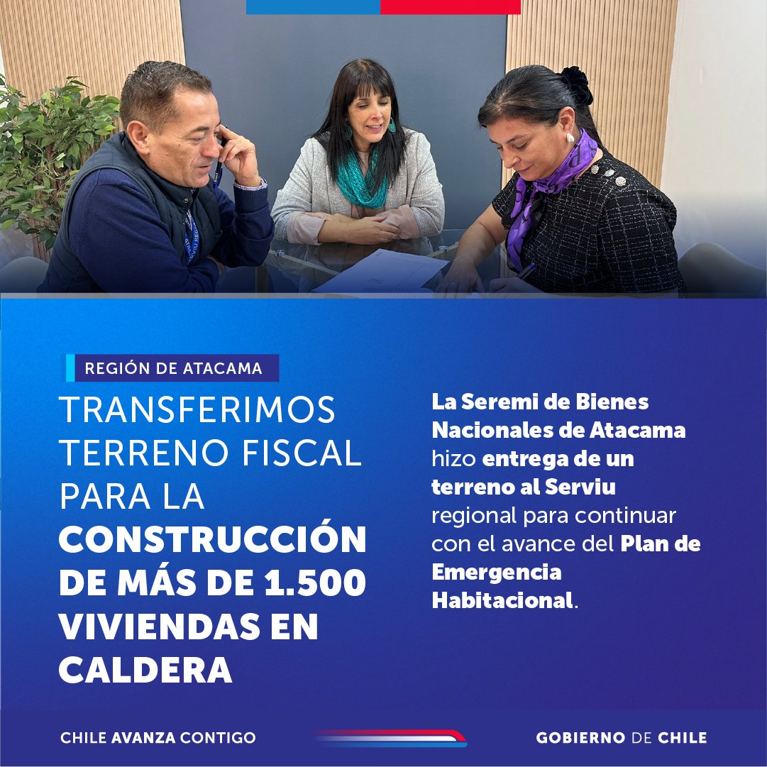 Bienes Nacionales (@ministeriobbnn) on Twitter photo 🏡 ¡Seguimos avanzando en el Plan de Emergencia Habitacional!
Concretamos la entrega de un terreno fiscal de 37,2 hectáreas al <a href="/serviuatacama/">Serviu Atacama</a> para un proyecto que contempla la construcción máxima de 1.600 viviendas. Este plan beneficiará a 15 comités habitacionales de Caldera. 🏡 ¡Seguimos avanzando en el Plan de Emergencia Habitacional!
Concretamos la entrega de un terreno fiscal de 37,2 hectáreas al <a href="/serviuatacama/">Serviu Atacama</a> para un proyecto que contempla la construcción máxima de 1.600 viviendas. Este plan beneficiará a 15 comités habitacionales de Caldera.