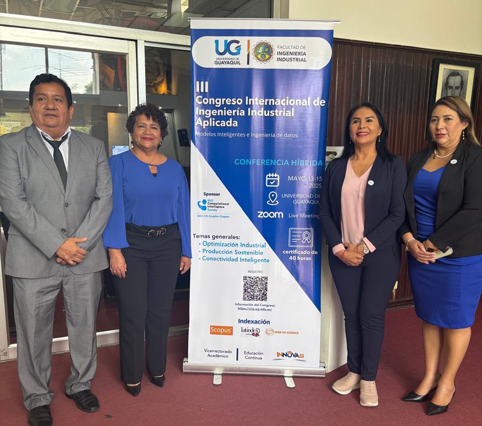 ces_ec's tweet photo. ➡️ | Ángela Calderón, consejera académica del CES, participa en la inauguración del III Congreso Internacional de Ingeniería Industrial Aplicada de la @UdeGuayaquil. Participan Sofía Lovato, rectora (s), y Jimmy Hurtado, decano de la Facultad de Ingeniería Industrial de la IES. https://t.co/wuw9KdOnpw