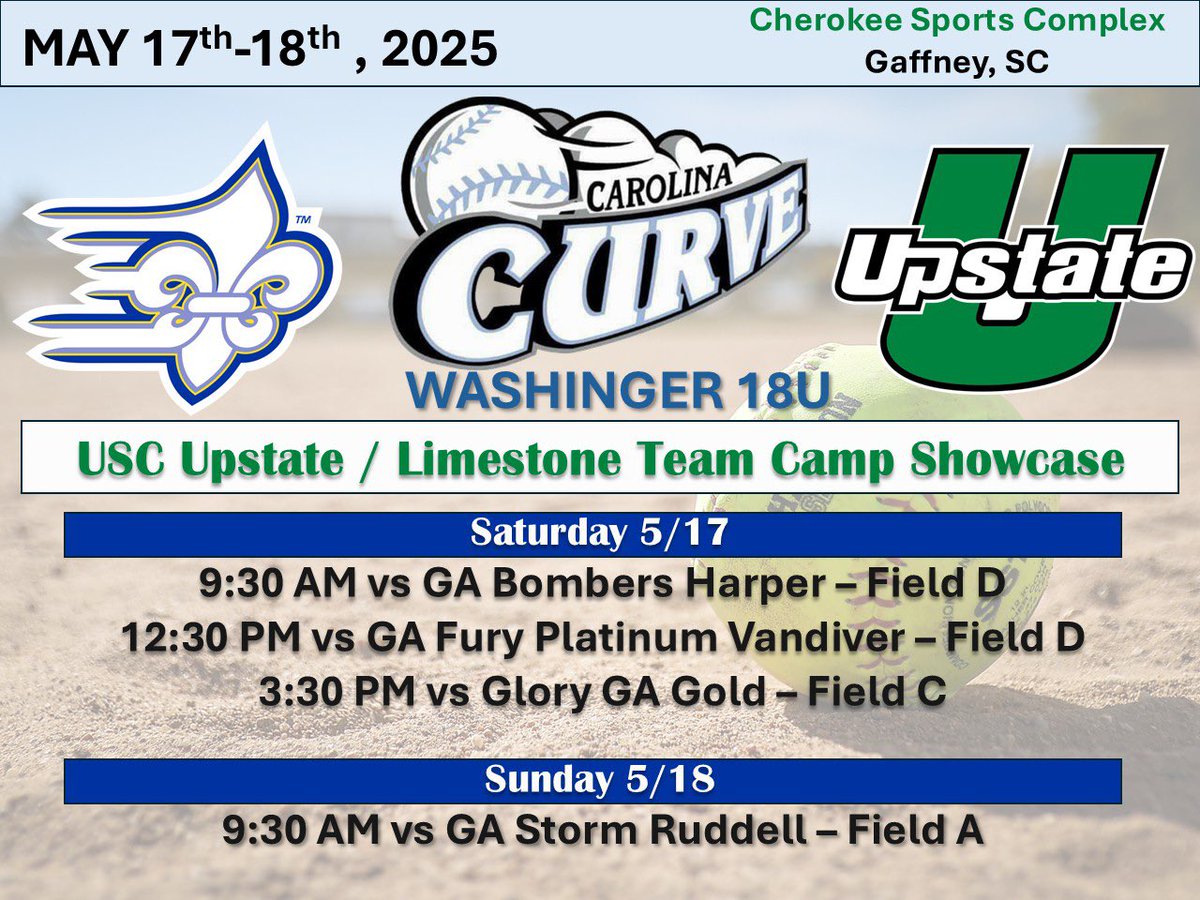 Come check out our stacked and talented team during our first showcase of the season in Gaffney, SC this weekend at the USC Upsate/Limestone Team Camp Friendly!! 💪💪💪

Let’s hope the weather cooperates!! 🤞

Let’s goooooo!!!!! 🩵🖤🥎