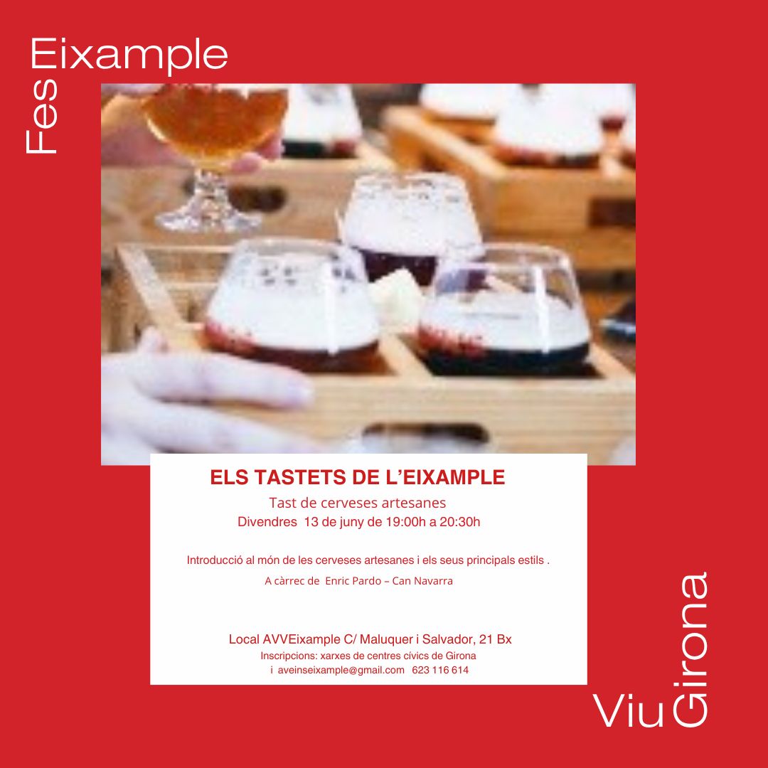 . Vols conèixer el món de les cerveses artesanes i els seus estils?
. Doncs aquí tens una oportunitat per fer-ho!!
. Taller organitzat per l'AVV Eixample de Girona 
. Quan? : el 13 de juny a les 18h.
. Cal inscripció: tf 623 11 66 14 
#fembarri
#viugirona