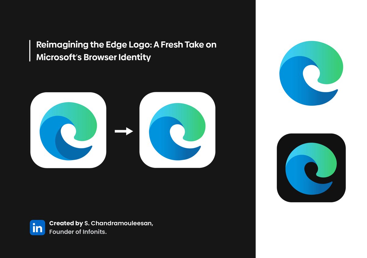 infonitsIO's tweet photo. Reimagining the Microsoft Edge logo — a personal concept focused on gradient flow, clean geometry, and digital adaptability.
A modern take on motion, simplicity, and identity.  #MicrosoftEdge #LogoDesign #UIUX #Infonits @MicrosoftEdge @Microsoft https://t.co/e5lI5uvKYv