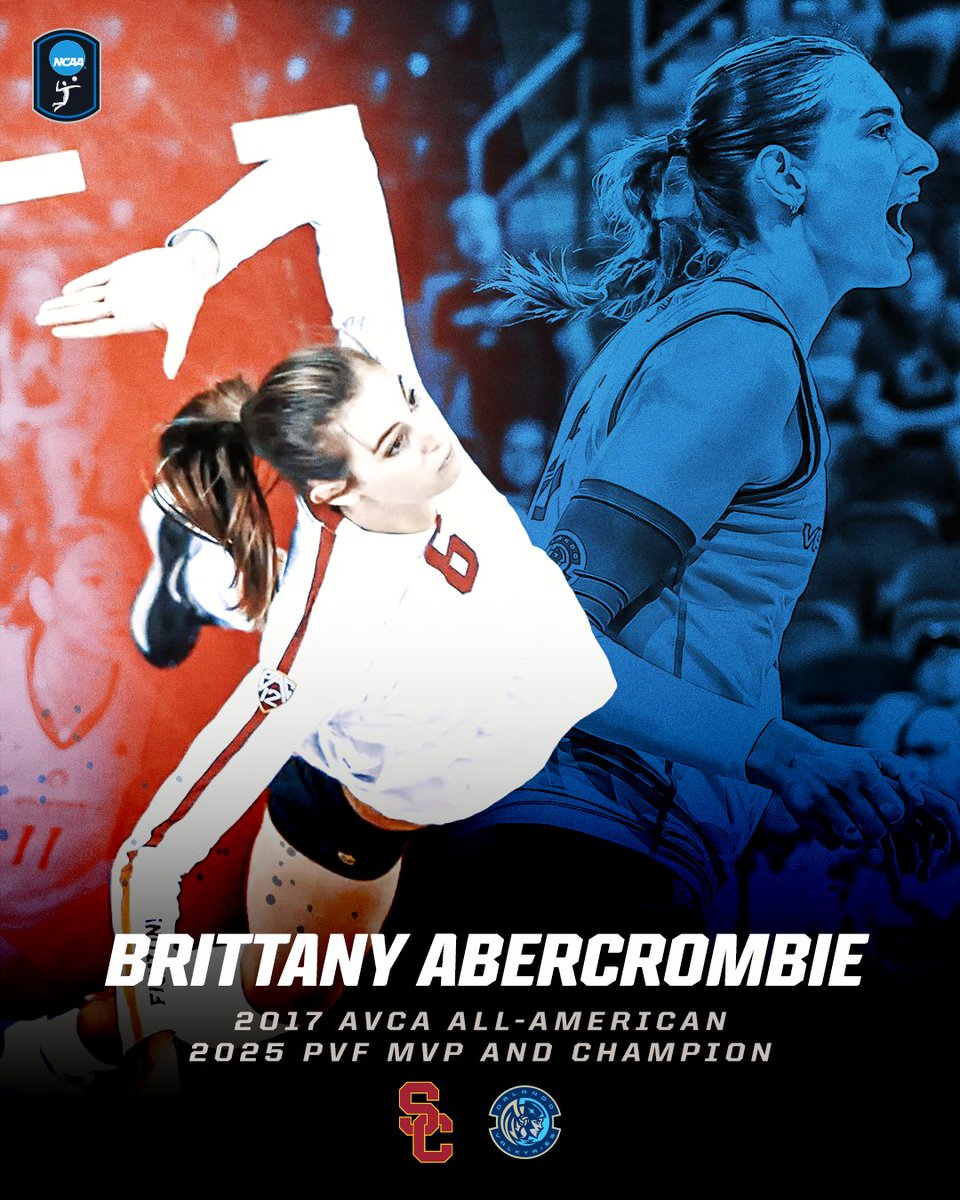 NCAAVolleyball's tweet image. What a season for Brittany Abercrombie 👏
Former @uscwomensvolley All-American Brittany Abercrombie took home @RealProVB MVP honors for the season and led the @orlvalkyries to the 2025 league title with a championship match record 27 kills on .387 hitting.
#NCAAWVB
