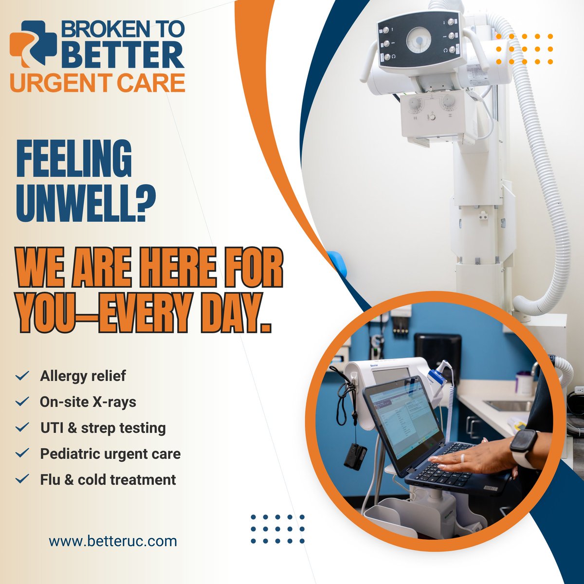 BrokenToBetter's tweet photo. At Broken to Better Urgent Care, we provide fast, compassionate treatment for the whole family—no appointment needed. Whether it is a cold, flu, minor injury, or something more, our team is ready to help. https://t.co/BzmdiaGRqz