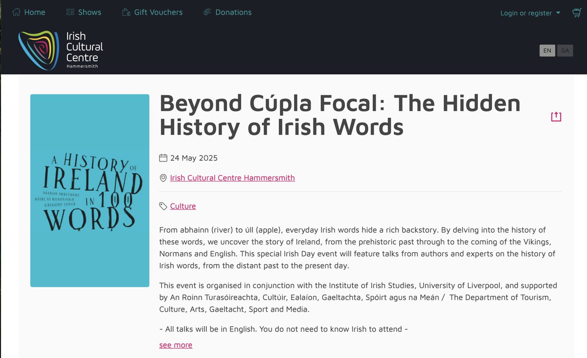 Anyone in London?

Beyond Cúpla Focal: The Hidden History of Irish Words

Saturday, 24 May

Irish Cultural Centre, Hammersmith

w/ Máire Ní Mhaonaigh &amp; Sharon Arbuthnot
Darach Ó Séaghdha
Gearóid Ó Cleircín

Tickets £10

irishculturalcentre.ticketsolve.com/ticketbooth/sh…