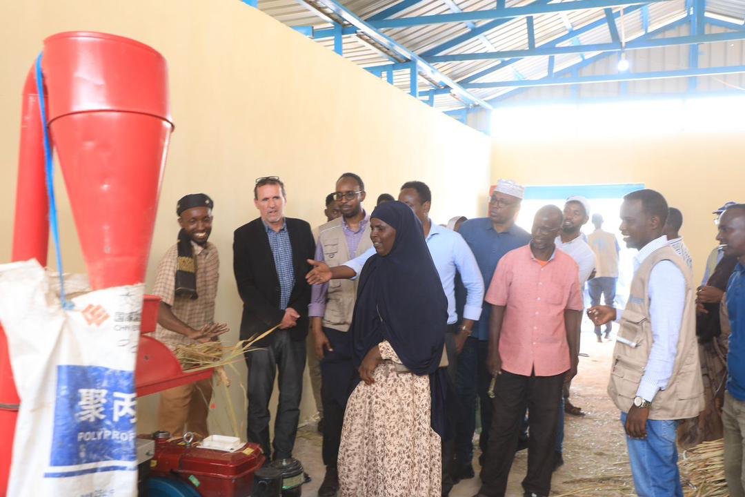 #EarlierToday: Deputy Minister Hon. Aden Mohamed, with Galmudug’s Minister Abdullahi Abdirahmaan &amp; FAO Somalia's <a href="/EPeterschmitt/">Etienne Peterschmitt</a>, inaugurated five fodder storage &amp; processing facilities at a ceremony in Dhuusamareeb — improving fodder access for pastoralists &amp; boosting resilience.