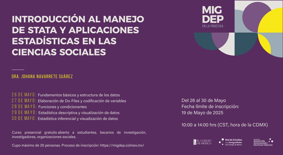 📊 El MIGDEP te invita al curso gratuito:
“Introducción al manejo de STATA y aplicaciones estadísticas en las ciencias sociales”
🗓️ 26-30 mayo | 🕙 10-14 h | 📍El Colmex
👩‍🏫 Impartido por: Dra. Johana Navarrete
🔗 Más info: migdep.colmex.mx/actividades/in…

#STATA #ElColmex