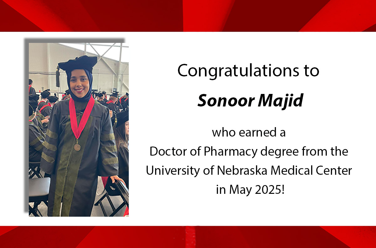 UNL McNair (@unl_mcnair) on Twitter photo Congratulations to <a href="/UNL_McNair/">UNL McNair</a> alum Sonoor Majid who earned a Doctor of Pharmacy degree from the University of Nebraska Medical Center in May 2025! Sonoor will begin a postgraduate pharmacy residency at CHI Health St. Elizabeth in Lincoln, Nebraska. So proud of you! ๐๐๐ Congratulations to <a href="/UNL_McNair/">UNL McNair</a> alum Sonoor Majid who earned a Doctor of Pharmacy degree from the University of Nebraska Medical Center in May 2025! Sonoor will begin a postgraduate pharmacy residency at CHI Health St. Elizabeth in Lincoln, Nebraska. So proud of you! ๐๐๐