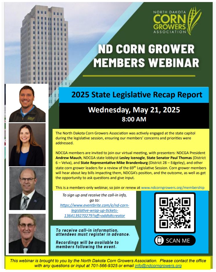 🌽 ND Corn members! Join us May 21 @ 8AM for our Legislative Wrap-Up Webinar w/ updates from NDCGA leaders + lawmakers. 🏛️

🔗 Register: bit.ly/3FcChdu
📋 Members only—join at ndcorngrowers.org/membership
#NDCorn #AgPolicy #NDLegislature
