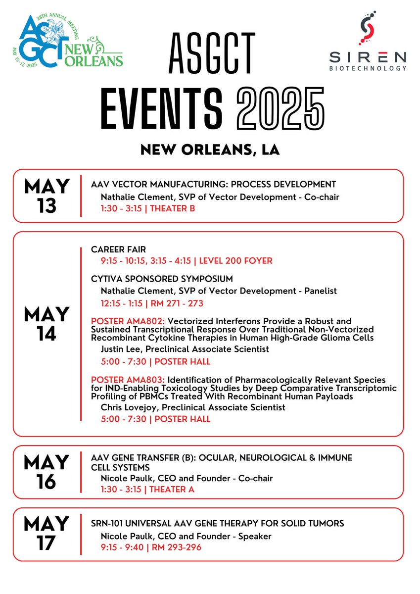 Dr. Nicole Paulk (@nicole_paulk) on Twitter photo Calling all #AAV #GeneTherapy fiends #ASGCT2025! Come see 2 posters from <a href="/SirenBio/">Siren Biotechnology, Inc.</a> tonight (#713 and #1199) and get free NoLa theme Siren cat socks for asking a Q!๐งฆ Calling all #AAV #GeneTherapy fiends #ASGCT2025! Come see 2 posters from <a href="/SirenBio/">Siren Biotechnology, Inc.</a> tonight (#713 and #1199) and get free NoLa theme Siren cat socks for asking a Q!๐งฆ