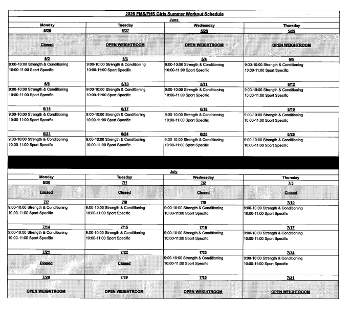 FranklinISD's tweet image. Girls' Summer Workout Schedule
FHS and FMS
Monday through Thursday