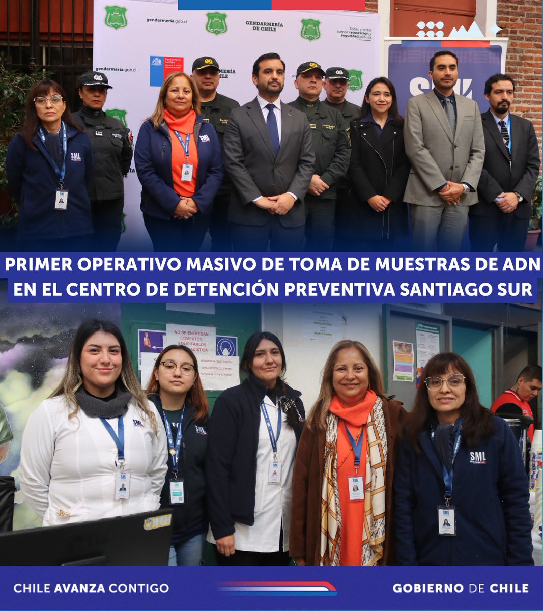 Hoy se dio inicio a la toma de muestras de ADN a 500 hombres privados de libertad en el Centro de Detención Preventiva Santiago Sur.

Este operativo es posible gracias al trabajo interinstitucional entre el SML, <a href="/RegCivil_Chile/">Registro Civil e Identificación - Chile</a> y <a href="/Gendarmeria_CL/">Gendarmería de Chile</a>, en coordinación con <a href="/MinjudhRM/">Seremi Justicia y Derechos Humanos RM</a>