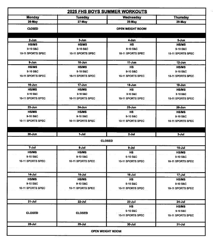 FranklinISD's tweet image. Boys' Summer Workout Schedule:
FHS - Monday through Thursday
FMS - Monday, Tuesday, Thursday