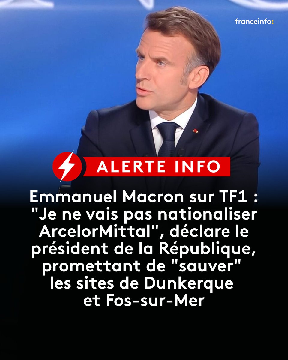 Emmanuel Macron prend la parole pendant deux heures sur TF1. Interrogé par Sophie Binet, la numéro un de la CGT sur Arcelor-Mittal qui compte supprimer quelque 600 postes en France, le président a répondu : "Je ne vais pas nationaliser ArcelorMittal." 
➡️ l.francetvinfo.fr/NR5