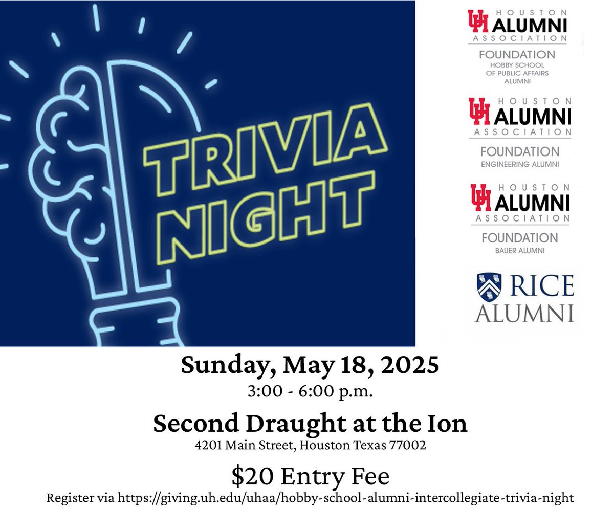 BauerAlumni's tweet photo. Join Us on Sunday 5/18 3-6pm

🎟️ entry includes small bites + 2 drinks at Second Draught 🍻 

🏆 winners will receive awesome prizes

🔗 sign up now: https://t.co/iQdBtCxMYz

📍 Ion Houston https://t.co/1F8TadIOfh