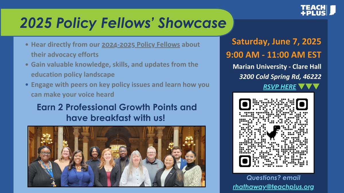 Join Teach Plus to celebrate our 2024-25 Policy Fellows and their work shaping education policy for all students. Learn what’s happening in the policy space and how to share your voice! Breakfast is provided and 2 Professional Growth Points available! tinyurl.com/5c66afnp