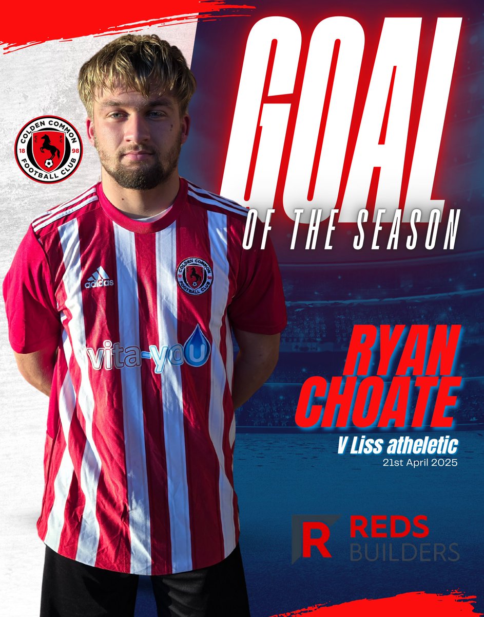 ColdenCommonFC's tweet image. Goal of the season goes to Ryan Choate. 

Ryan's 2nd goal against Liss was an 18yrd screamer, top bins. Not only did this goal win us the game but ultimately clinched the league title that night. 

Well done Ryan 👏 

Sponsored by Reds Builders
