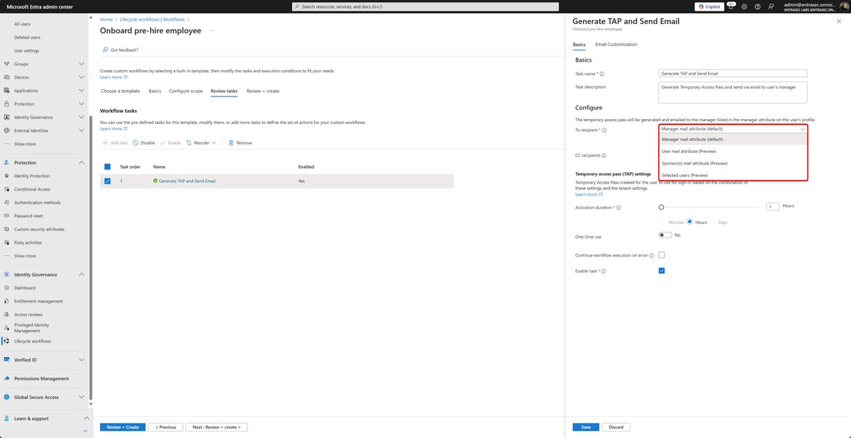 This is extremely powerful! Love the improvements and flexibility added to this joiner task in Lifecyle Workflows. By default, a Temporary Access Pass is sent to the manager, but there are several other options to pick from these days. 💡