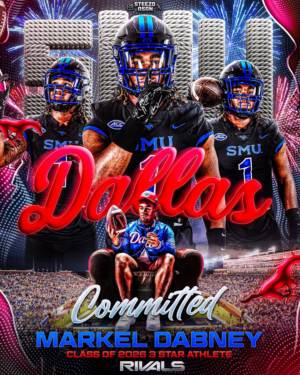 Steezo (@steezodsgn) on Twitter photo BREAKING: Class of 2026 3 ⭐️ ATH Markel Dabney ( <a href="/JustKallMeKel/">Markel “Kel” Dabney</a> ) has committed to SMU he tells me.
-
Markel Dabney is a 6’1 (208 LBS) Athlete out of Richmond, VA. Markel Dabney has 20+ offers and chose SMU over his other finalists of Virginia Tech, Penn State, Pitt, and BREAKING: Class of 2026 3 ⭐️ ATH Markel Dabney ( <a href="/JustKallMeKel/">Markel “Kel” Dabney</a> ) has committed to SMU he tells me.
-
Markel Dabney is a 6’1 (208 LBS) Athlete out of Richmond, VA. Markel Dabney has 20+ offers and chose SMU over his other finalists of Virginia Tech, Penn State, Pitt, and
