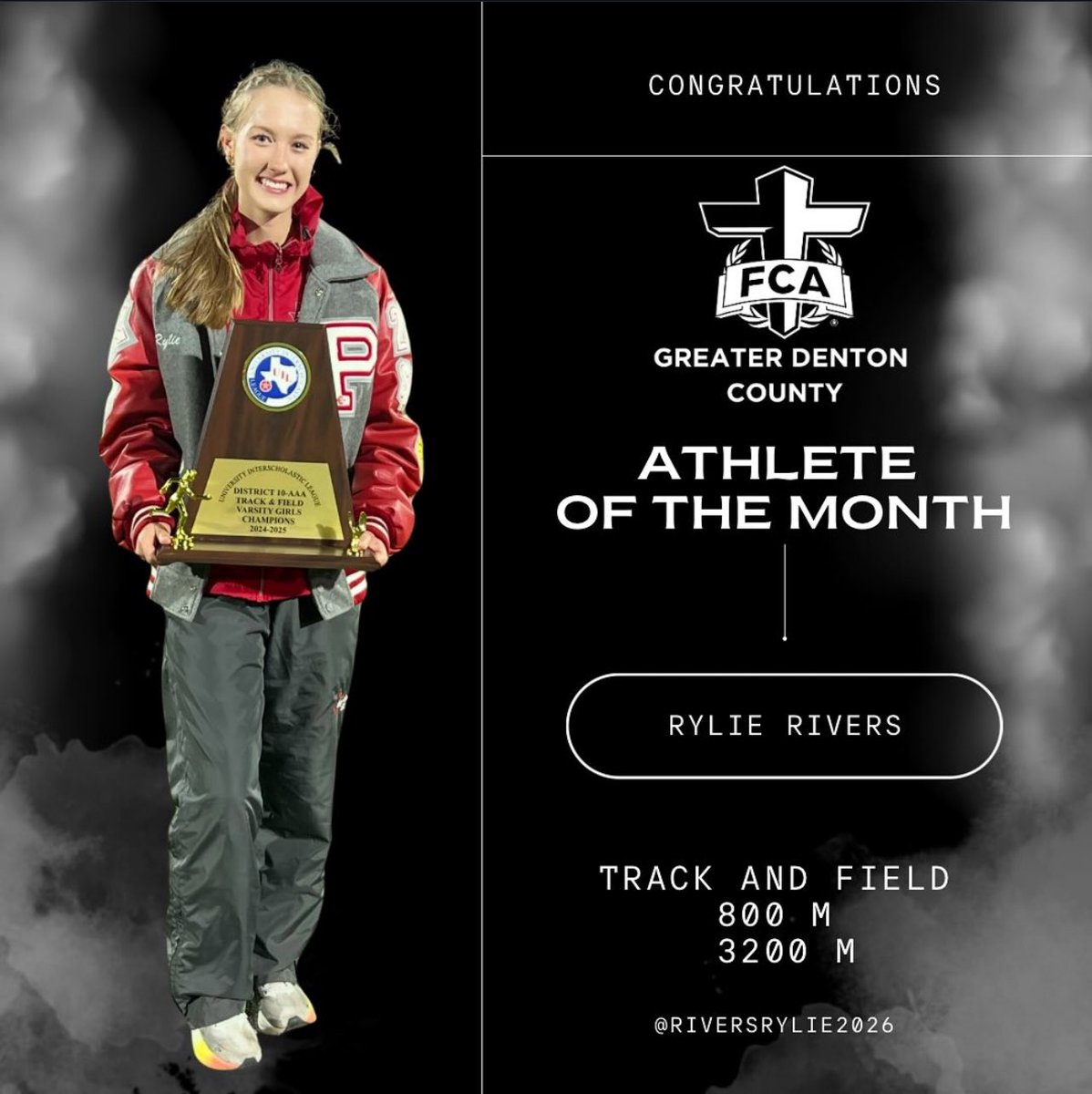 Thank you <a href="/FcaGreater/">Greater Denton FCA</a> for the honor! I’m passionate about using my platform to inspire others and lead with faith. #track #fca #athlete <a href="/Ponder_Track/">Ponder Track</a> <a href="/Esst_Elite/">ELITE SPEED & SPORTS TRAINING</a>