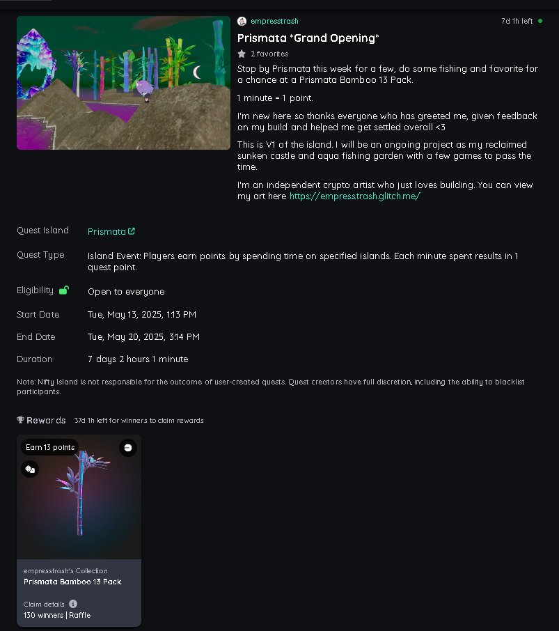 Empress Trash 🌈🖤 (@empresstrash) on Twitter photo My first <a href="/Nifty_Island/">Nifty Island 🏝</a> quest is now live for the next week. 🖤🖤🖤
It feels peak Empress to issue quests. I may need to make this a weekly thing 👀 My first <a href="/Nifty_Island/">Nifty Island 🏝</a> quest is now live for the next week. 🖤🖤🖤
It feels peak Empress to issue quests. I may need to make this a weekly thing 👀
