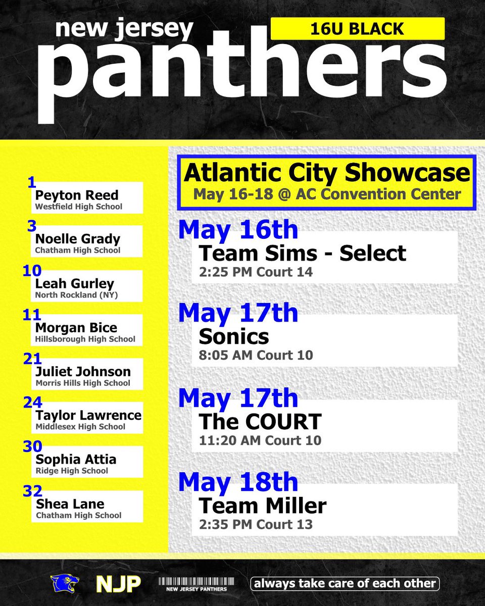 Noelle Grady (@noellegrady2027) on Twitter photo Here is my schedule for Atlantic City this weekend! Canโt wait to #earnit with 16U Black! Come check us out!๐๐
<a href="/nj_panthers/">NJ Panthers</a> <a href="/CoachJordanNJP/">Jordan Stites</a> <a href="/CoachZ_NJP/">Zakiya Beckles MAT, LAT, ATC</a> <a href="/CoachCorisdeo/">Geoffrey Corisdeo</a> <a href="/CoachWeberbball/">Coach Weber</a> <a href="/chatgirlshoops/">Chatham High School (NJ) Girls Basketball</a> <a href="/pmg911/">Patrick Grady</a> Here is my schedule for Atlantic City this weekend! Canโt wait to #earnit with 16U Black! Come check us out!๐๐
<a href="/nj_panthers/">NJ Panthers</a> <a href="/CoachJordanNJP/">Jordan Stites</a> <a href="/CoachZ_NJP/">Zakiya Beckles MAT, LAT, ATC</a> <a href="/CoachCorisdeo/">Geoffrey Corisdeo</a> <a href="/CoachWeberbball/">Coach Weber</a> <a href="/chatgirlshoops/">Chatham High School (NJ) Girls Basketball</a> <a href="/pmg911/">Patrick Grady</a>